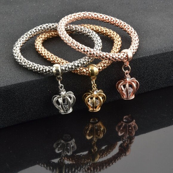 Elegant Crown Charm Bracelets – Set of Three in Gold, Silver & Rose Gold - Picture 1 of 7